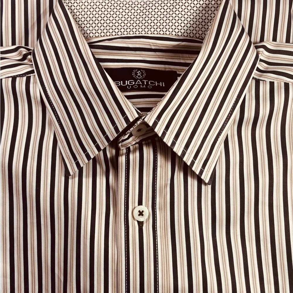 Bugatchi Men’s Shirt, Long Sleeve, Black-Brown & White Stripes, Size-Med.